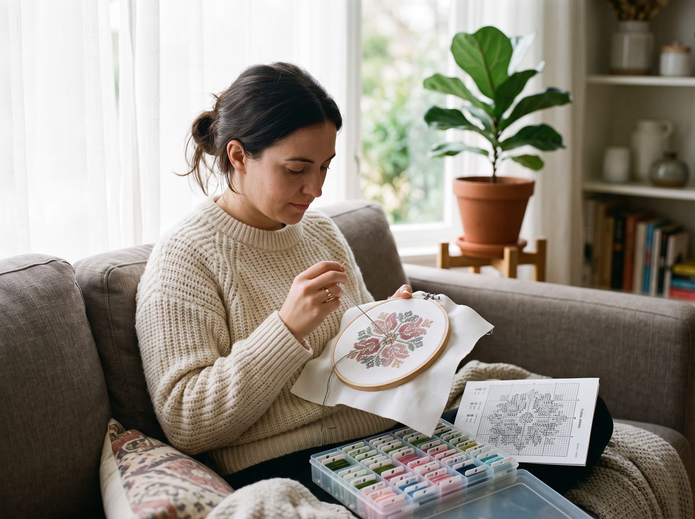 Stitcher working on a counted cross stitch pattern in an embroidery hoop