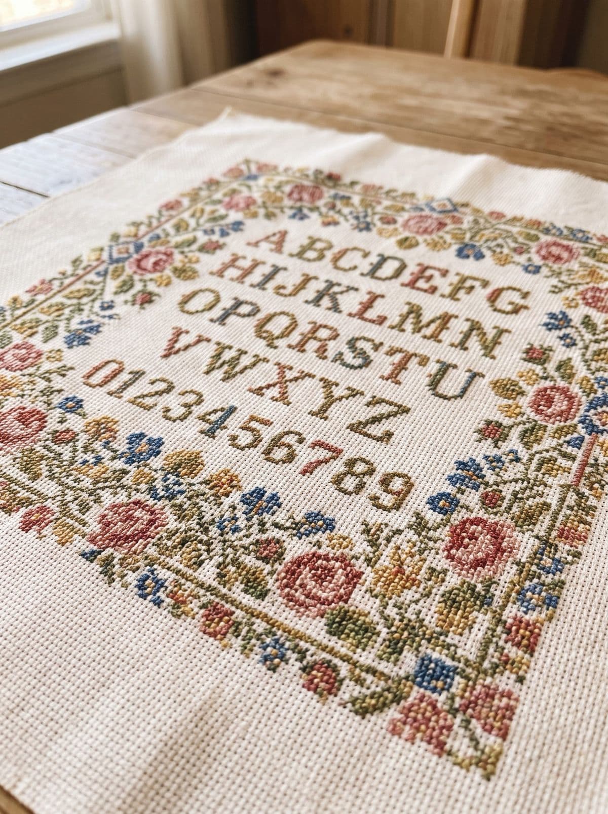 Colorful vintage-style cross stitch sampler close-up