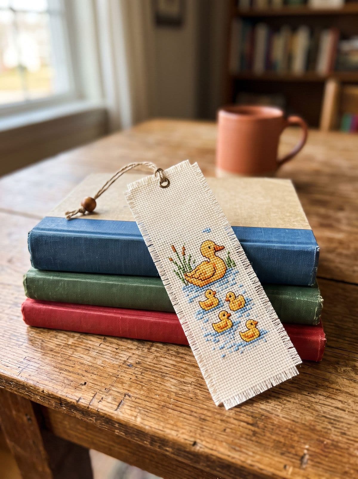 Cross stitch bookmark with a goose and ducklings motif