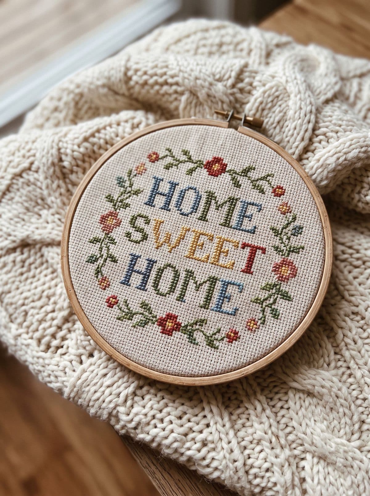 Home Sweet Home cross stitch sampler in a hoop