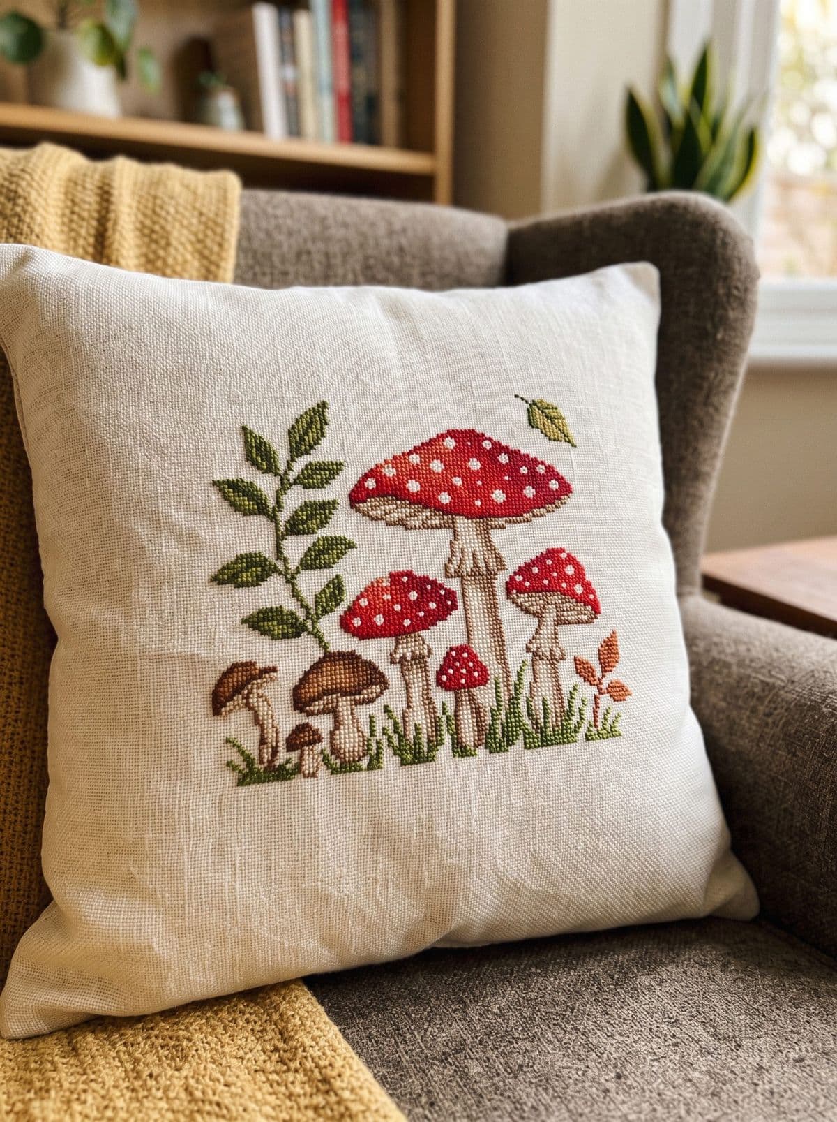 Linen cushion with a cross stitch mushroom motif