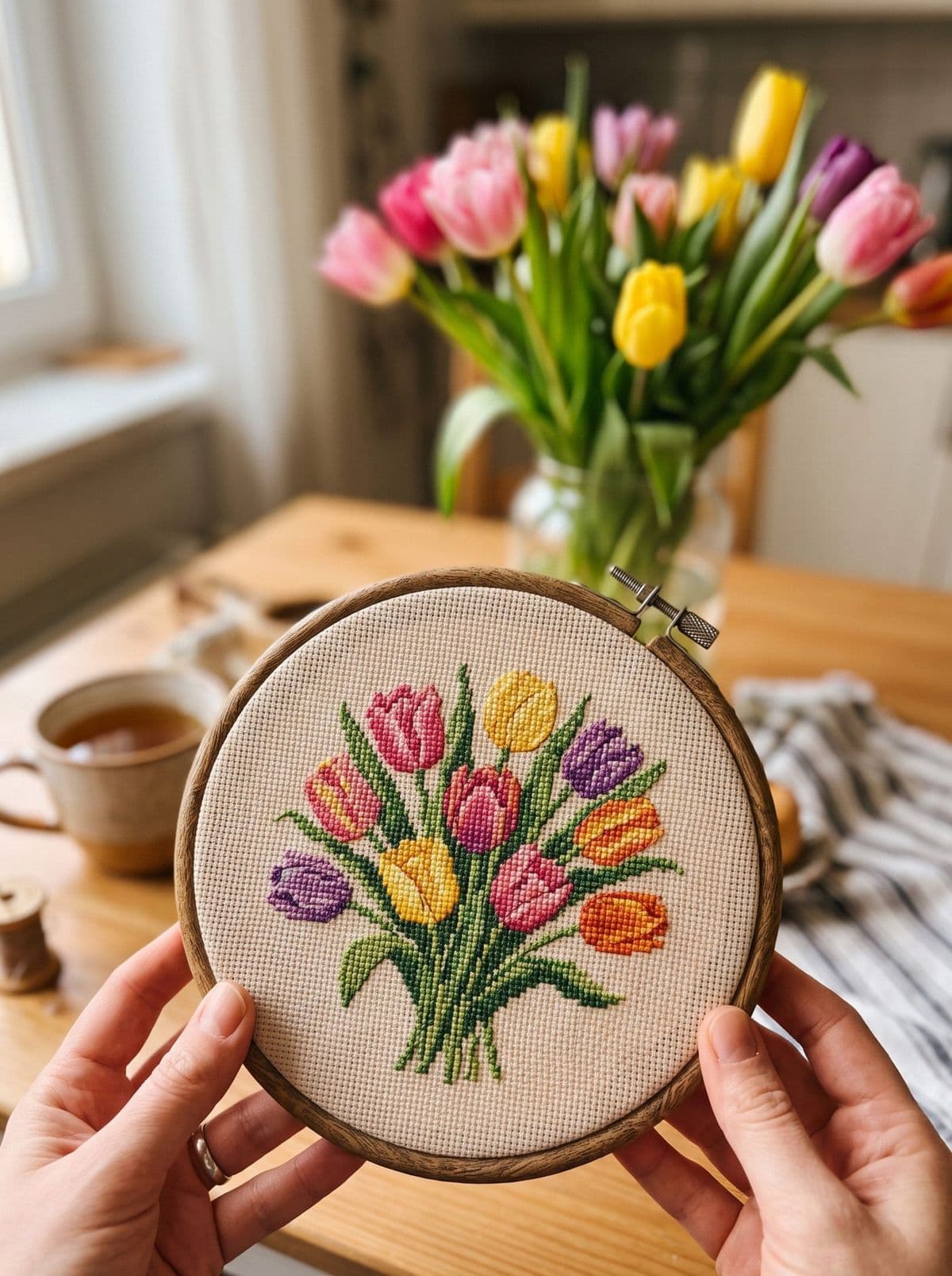 Finished cross stitch tulip bouquet in an embroidery hoop