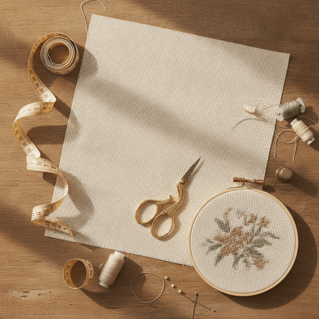 Cutting a generous piece of aida fabric with a wide margin around the stitched area