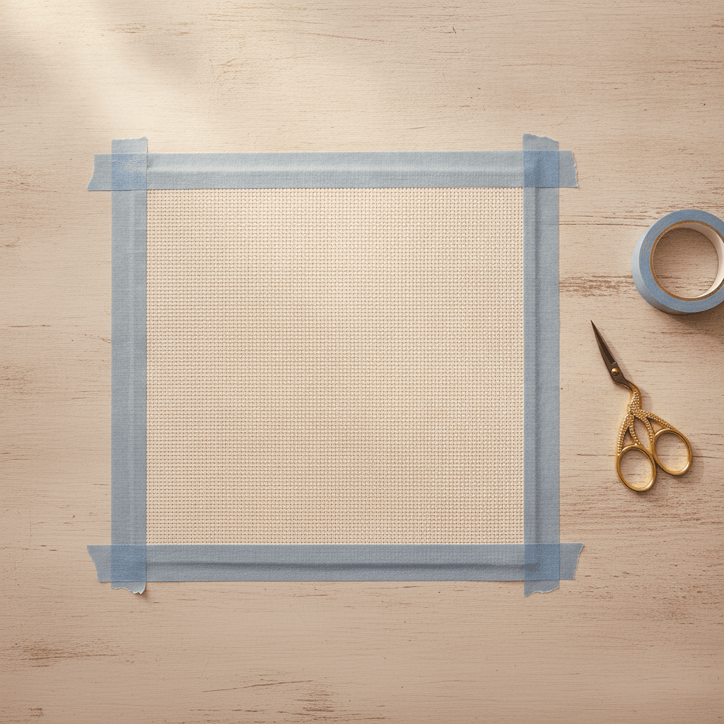 Cream aida fabric with blue painter's tape folded along each raw edge to stop it fraying