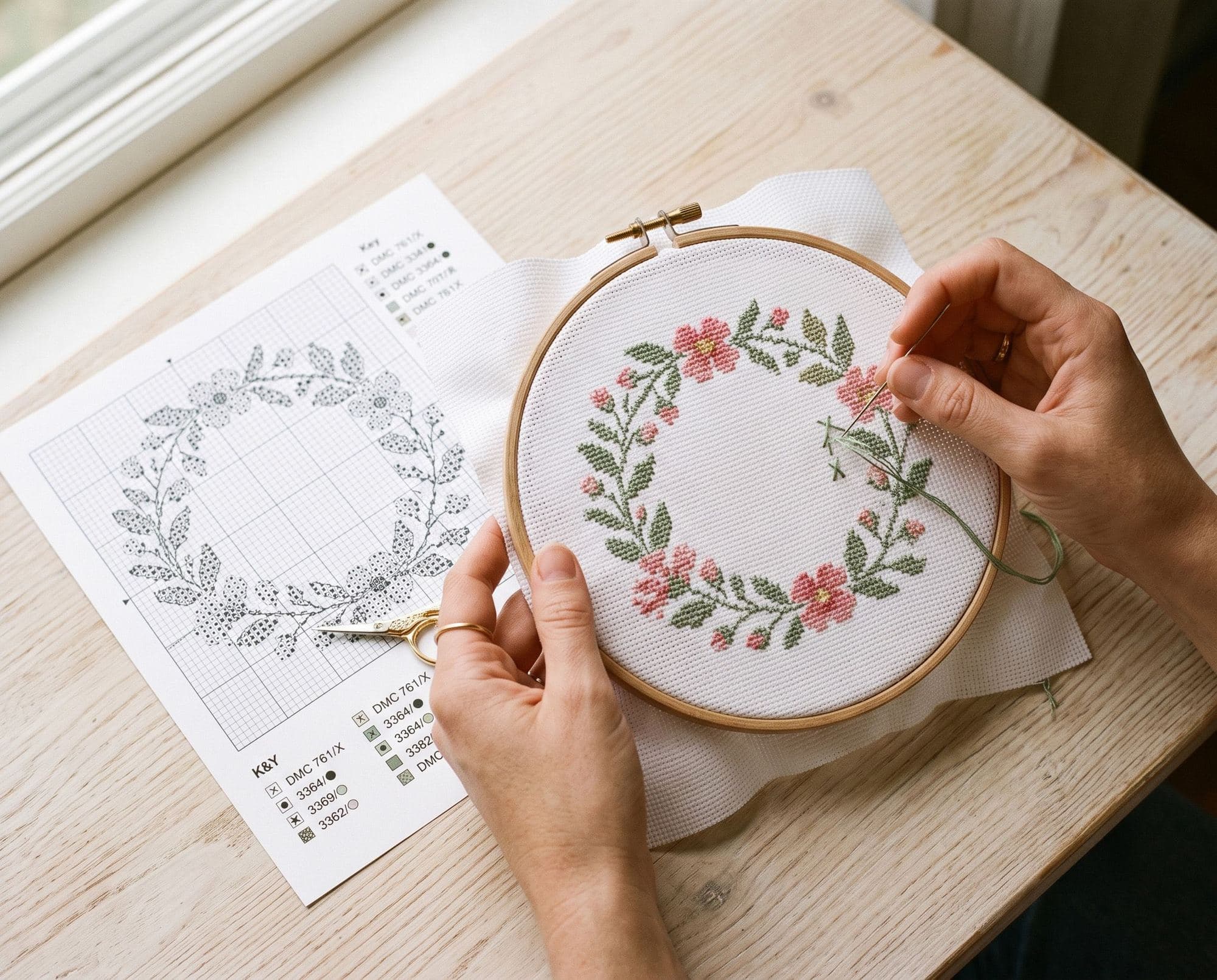 Hands stitching a cross stitch wreath in a hoop next to the printed pattern chart