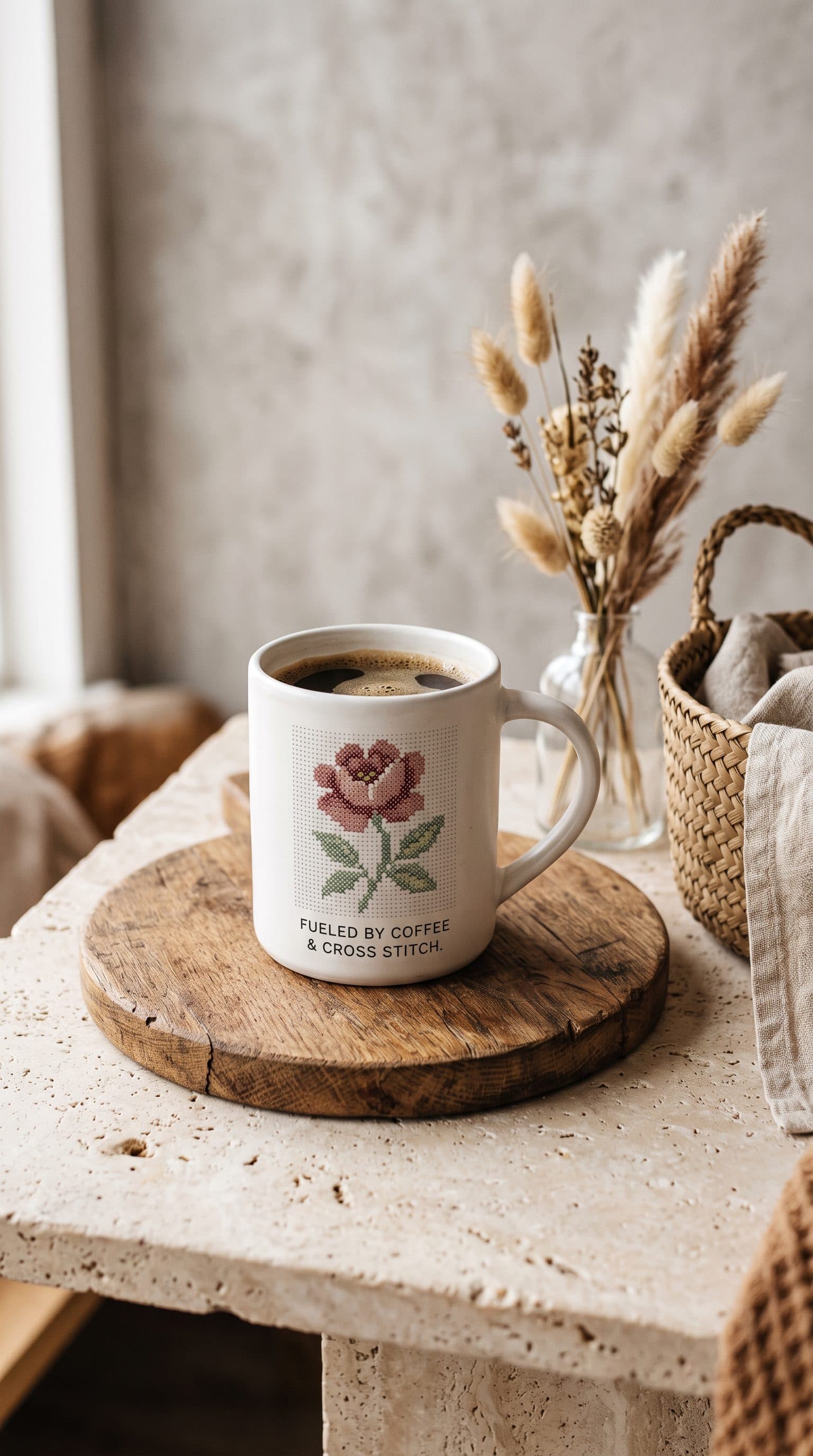 Mug with a cross stitch flower design on a cozy wooden board