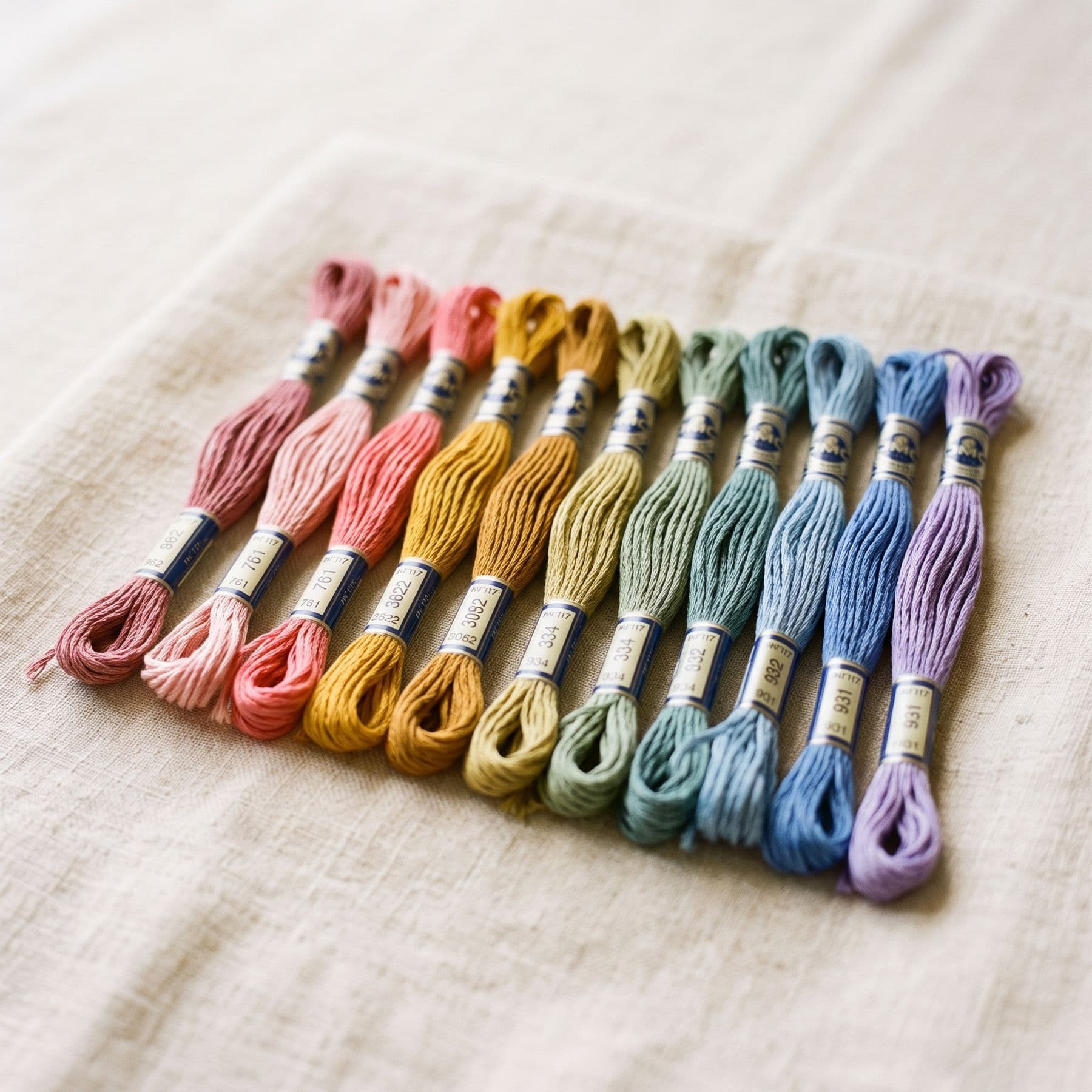 Colorful embroidery floss skeins arranged on cream linen
