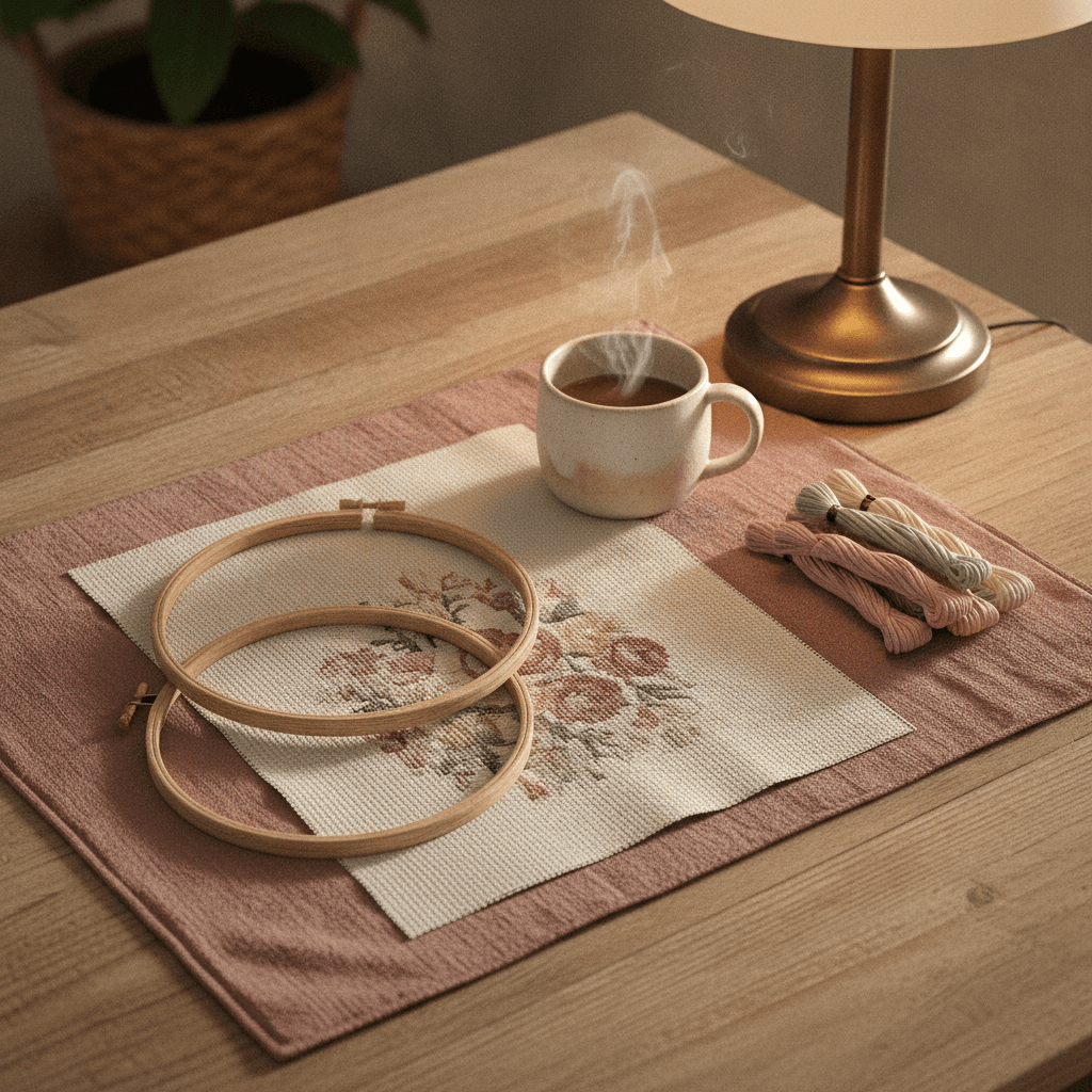 A finished cross stitch piece lying flat beside an open embroidery hoop on a cozy table