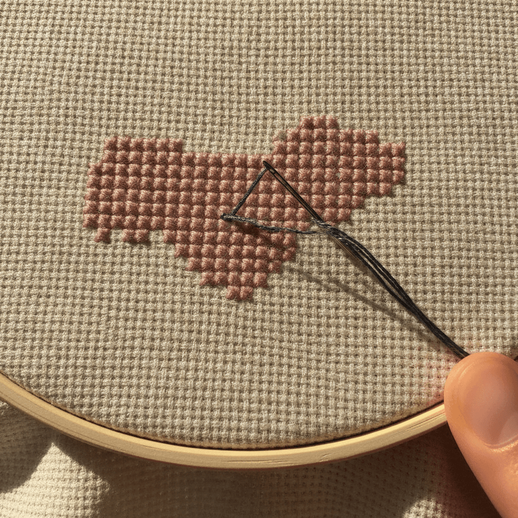 Close-up of a needle making a backstitch along the edge of cross stitches on aida fabric