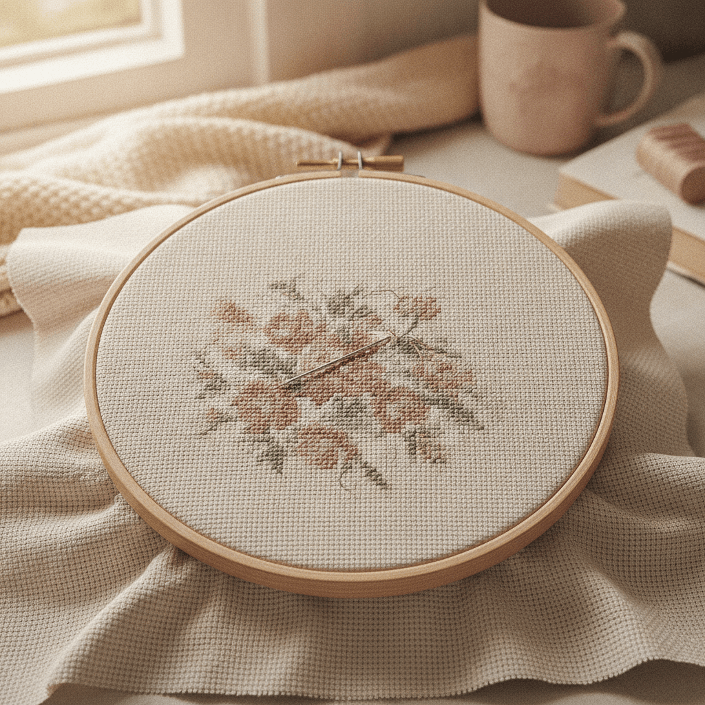 A small cross stitch design held taut in a wooden hoop with spare fabric extending past the outer ring