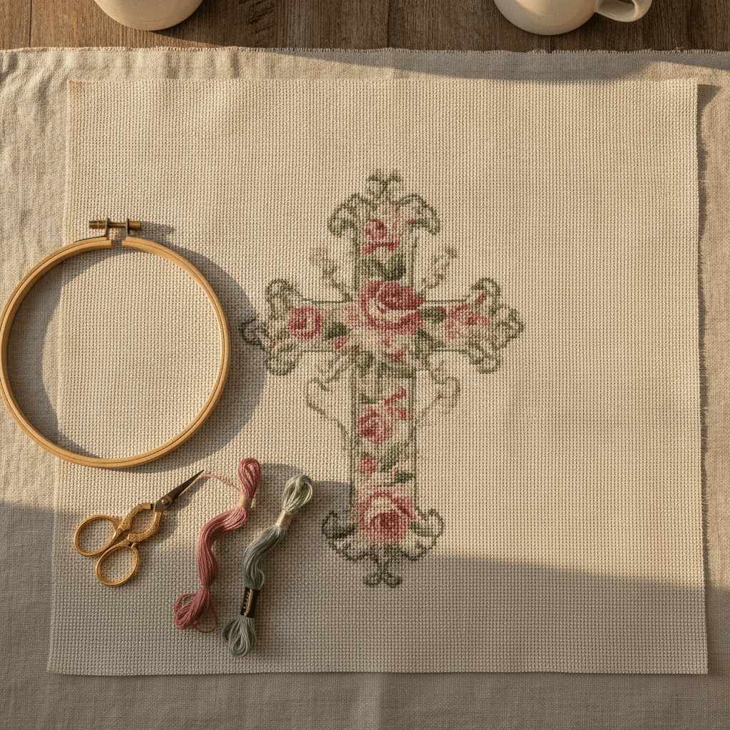 Cut cross stitch fabric with wide margins around a partly stitched floral design