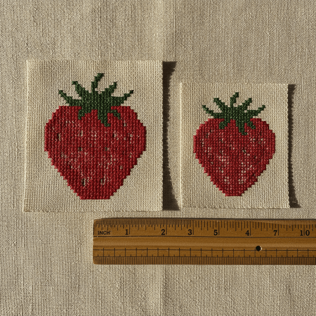 The same small cross stitch motif stitched on 14-count and 18-count aida, showing the difference in finished size
