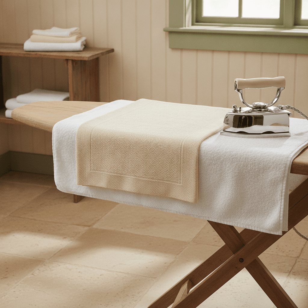 Cross stitch piece lying face down on a folded white towel being pressed from the back with an iron