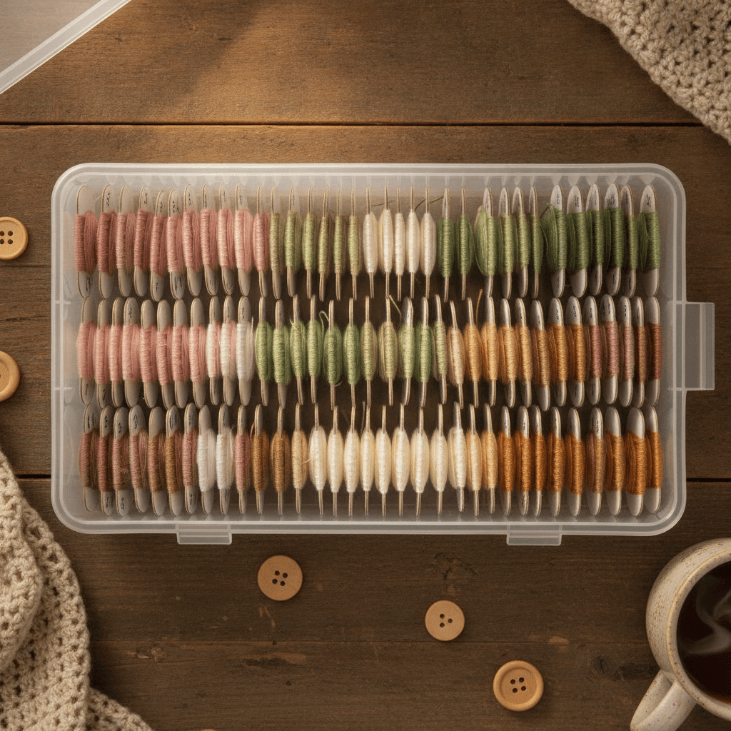 Embroidery floss wound on numbered bobbins in a clear storage box