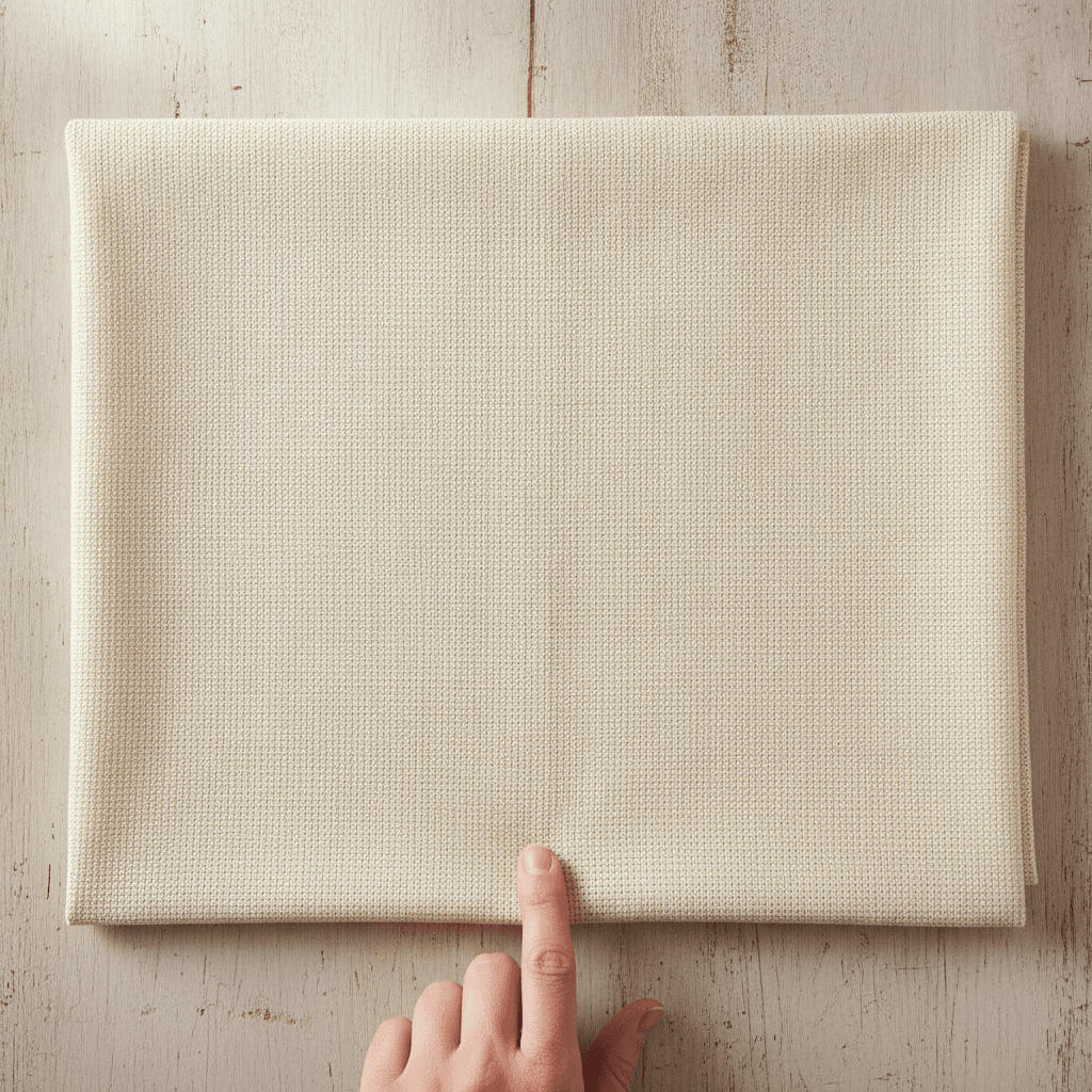 Cream aida fabric folded into quarters with a fingertip marking the center corner