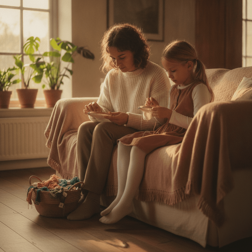 A parent and child cross stitching together on a sofa, each with their own hoop