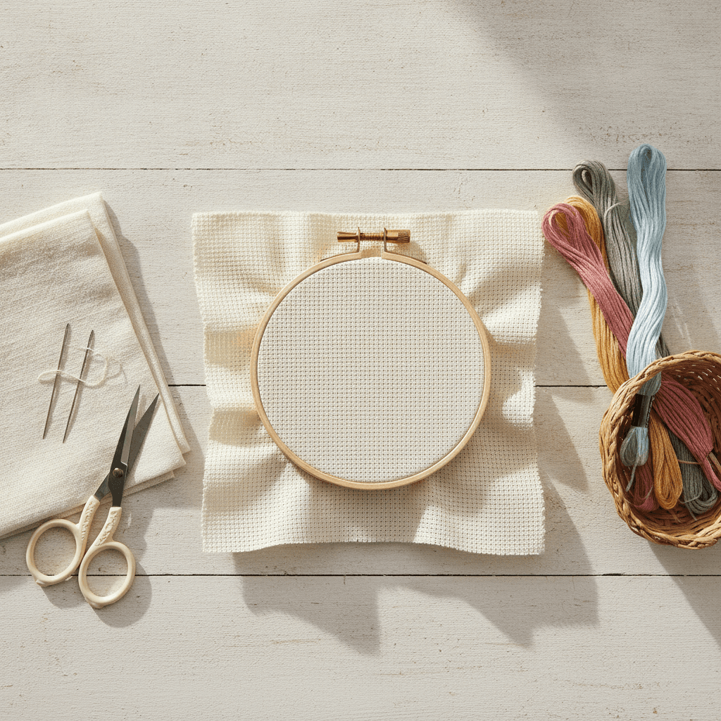 Cross stitch for kids supplies laid out: large-hole Aida fabric, blunt tapestry needles, a small hoop and bright embroidery floss