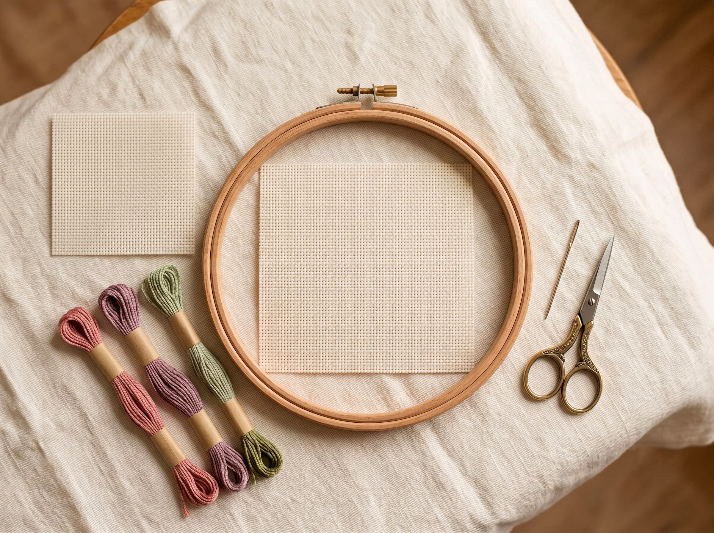 The essential cross stitch supplies laid out: Aida fabric, floss, needle, hoop and scissors.