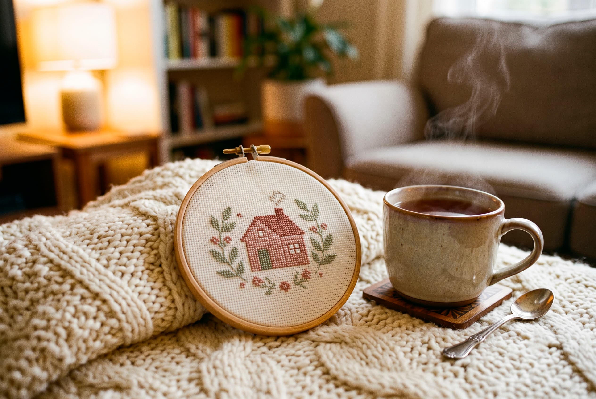 A finished cross stitch motif in a wooden hoop on a cream blanket next to a mug of tea.